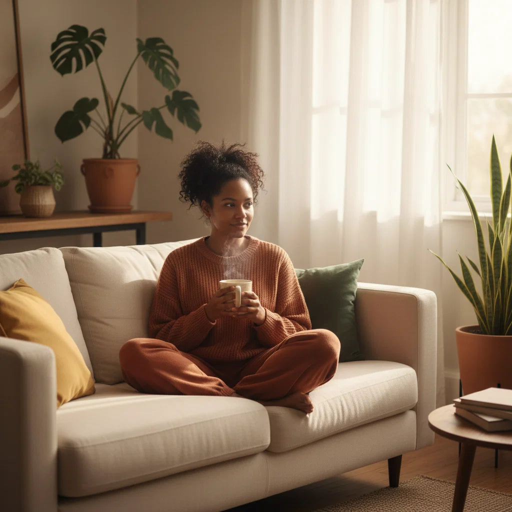 Woman sitting on a couch holding a mug in a cozy living room with plants and soft lighting.
